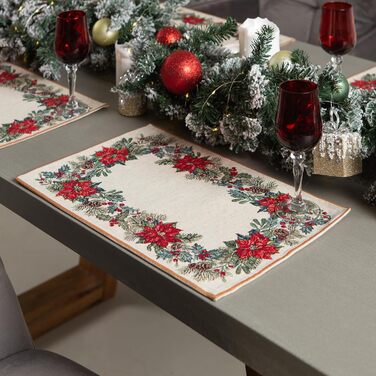 Дім різдвяної гобеленової різдвяної скатертини Скатертина на Різдво та Новий рік (Пуансетія з сосновими шишками (блискуча), серветка 35x45 см)