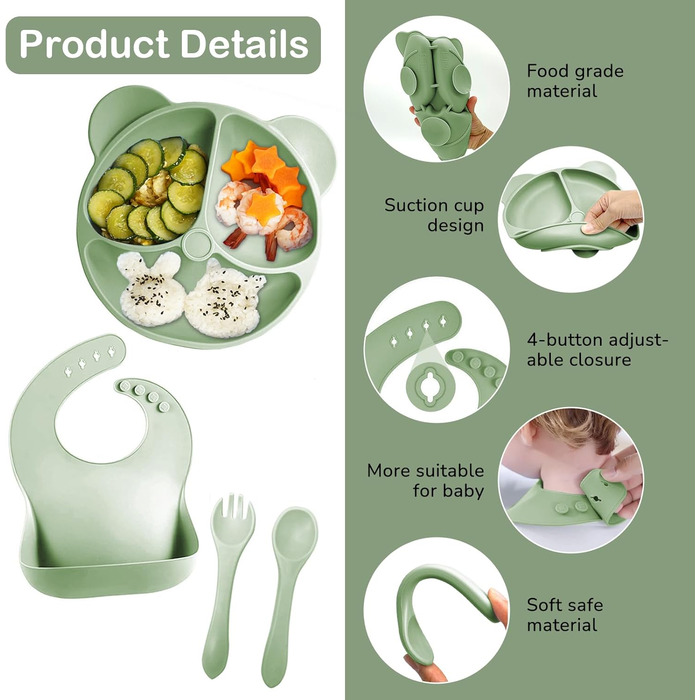 Силіконовий набір дитячого столового посуду Bizcasa з 9 предметів, нековзкий набір дитячого столового посуду, дитячий столовий посуд із присоскою, нековзна дитяча миска, дитяча тарілка, дитячий набір столових приборів для малюків, без BPA (темно-зелений)