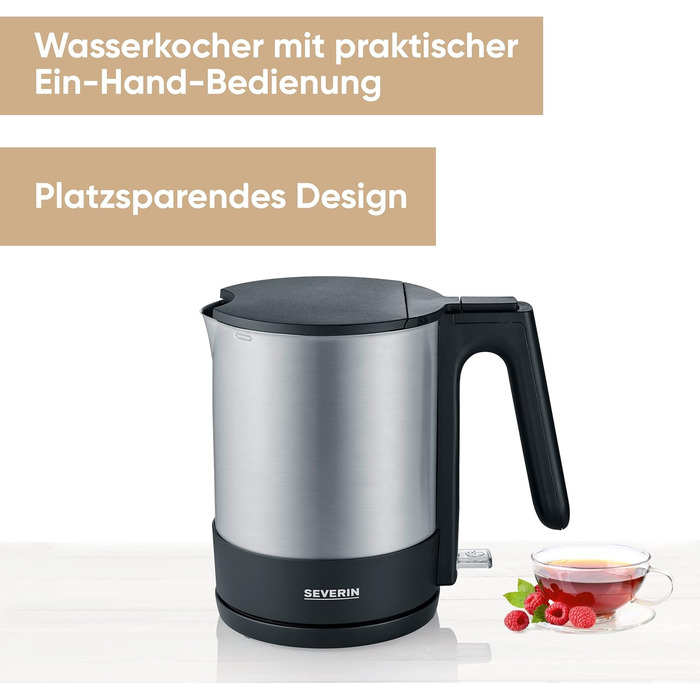 Чайник SEVERIN, потужний і компактний чайник з нержавіючої сталі у високоякісному дизайні, електричний чайник з фільтром від накипу, нержавіюча сталь/чорний, WK 3409, одинарний