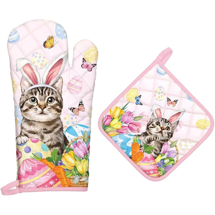Різдвяний набір із 2 рукавичок для духовки та прихваток Arquiel, 100 бавовняні кулінарні рукавички, термостійкі кухонні рукавички для приготування їжі, різдвяні подарунки для жінок на декор кухні (Великдень 02, рукавички для духовки прихватки)