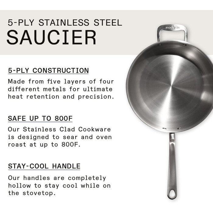 Посуд Made In сковорода з нержавіючої сталі об&39ємом 2,84 л 5-шарове покриття з нержавіючої сталі професійний посуд зроблено в Італії сумісний з індукцією (4,7 літра)