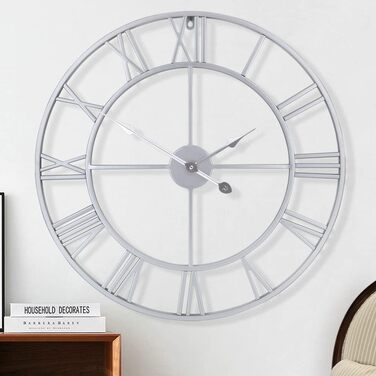 Великий круглий металевий настінний годинник у вінтажному стилі з безшумним нецокаючим живленням від батареї 40 см, 16-дюймовий римський номер, годинники для вітальні, спальні, кухні, настінний годинник-прикраса (срібло, 47 см)