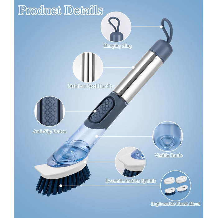 Щетка для посуды с дозатором для моющего средства с 4 сменными головками и держателем LEAZZLE