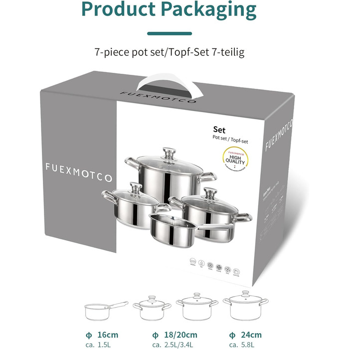 Набір каструль з нержавіючої сталі зі скляними кришками, 7 предметів Fuexmotco