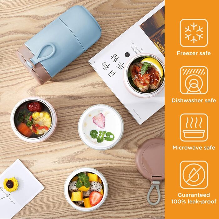 Стаканчик для пластівців Chedin з кришкою, стаканчик для каші з нержавіючої сталі 730 мл, герметичний стаканчик для йогурту з ложкою та кришкою, двошарові герметичні банки Мейсон, ідеально підходять для роботи (сині)