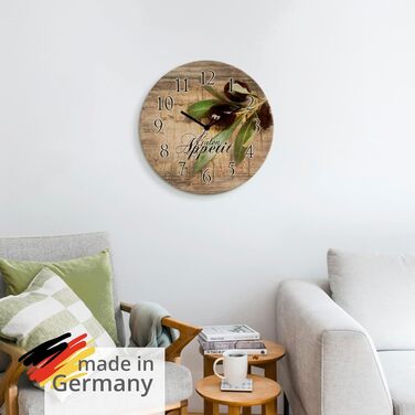 Настінний декор ARTLAND настінний годинник з дерева без цокання безшумний круглий Ø 30 см кухонний годинник кава капучино круасан T5XO Капучино та круасан (оливки, радіогодинник)