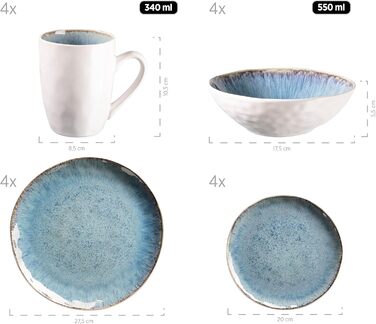 Серия MSER Frozen, Набор керамической посуды на 4 персоны, Комбинированный сервиз из 16 предметов с органическими формами, Сервиз с цветными крапинками, Керамогранит, (Синий)