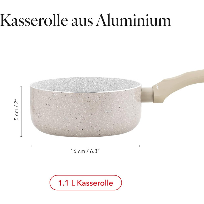 Алюмінієва каструля FLORINA 16 см 1,6 л Підходить для індукції Керамічне покриття, стійке до подряпин М&39яка ручка під дерево Термостійка Для всіх варильних поверхонь Легко миється (ISLA, 1,1 л - 16 см)