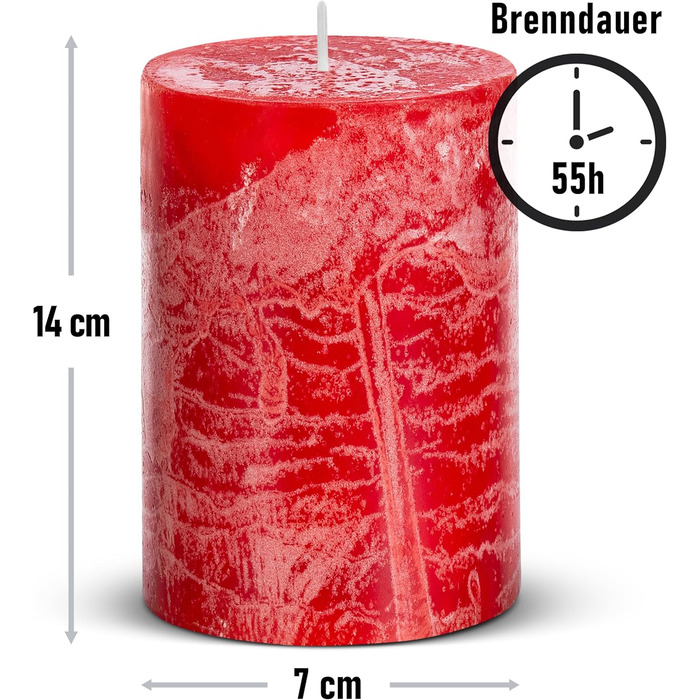 Набір із 4 свічок-стійок Brandsseller 7 x 10 см Однотонні та виготовлені з парафіну Сільські свічки з тривалим часом горіння Декоративні свічки для прикраси столу, Різдва та святкувань (7 x 14 см Набір із 4 шт. , червоні)