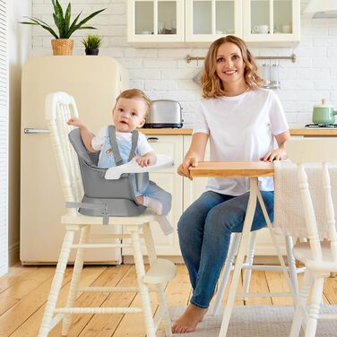 Дитячий стільчик для годування Ezebaby 6 в 1, бустер, барний стілець, багатофункціональний стільчик для годування, дерев&39яні ніжки, з 5-точковим ременем безпеки, підставкою для ніг, знімним підносом для дітей від 6 місяців (сірий)