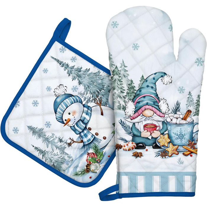 Набір з 2 кухонних рукавичок та тримача для каструлі Arquiel Gnome Autumn Orange Checked, 100 бавовняні кулінарні рукавички, термостійкі кухонні рукавички для приготування їжі, осінній декор, подарунки для жінок (зимовий гном, духовка тримач для каструлі)