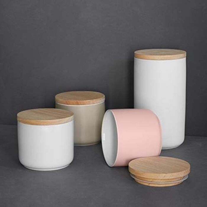 Керамічні банки для зберігання SPRINGLANE 2 шт. Набір з дерев'яною кришкою Sweet Scandi, гумова дерев'яна кришка, коробки для зберігання, коробки для зберігання продуктів ( рожевий 10x9 см)