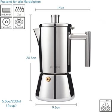 Кавоварка для плити на 4 чашки, 200 мл еспресо, срібляста Diego Easyworkz