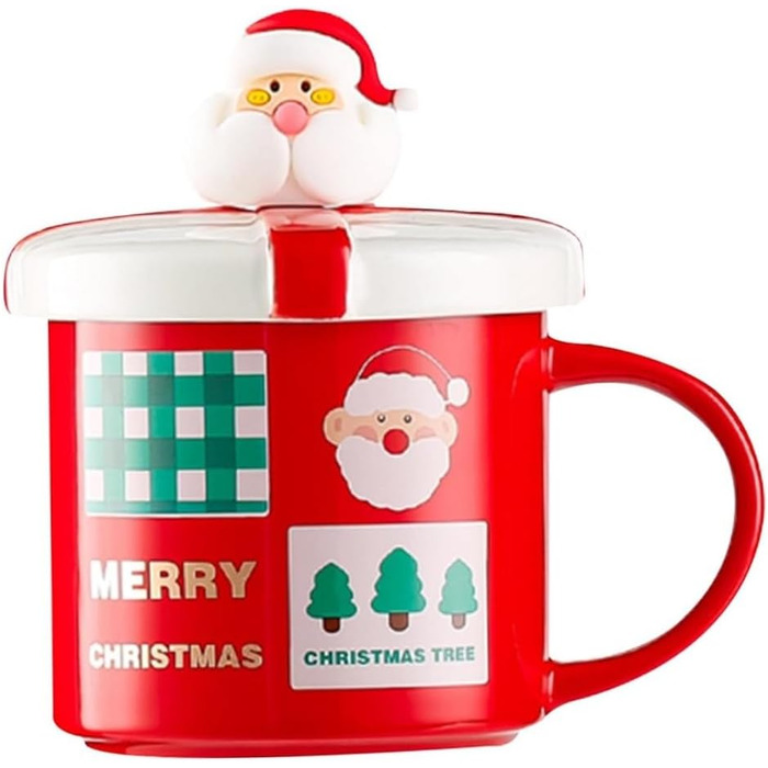 Рождественская кружка 400 мл с крышкой и ложкой, красная с принтом Санта Клауса SuperglockT