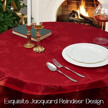 Маленька різдвяна скатертина Romanstile, яку можна прати та вона водовідштовхувальна, жакардовий олень та ялинка, квадратна скатертина для журнального столика, святкова, подарункова ( 180 см, червона)