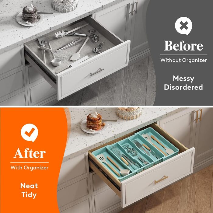 Органайзер для столових приборів 57 х 38 см для шухляд, 5 відділень, бірюзовий Lifewit
