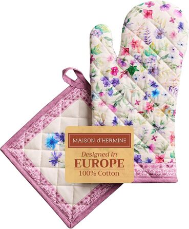 Рукавички для духовки Maison d&39 Hermine, Прихватки для каструль, 100 бавовна, термостійкі кухонні рукавички, рукавички для духовки (19 x 33 см) та прихватки для каструль (20 x 20 см) для приготування їжі, Морзін - Рукавички для духовки (19 x 33 см) та п