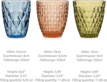 Набір склянок для пиття Singer Набір скляних склянок Porto з 6 предметів для 6 осіб, склянка для води, різнокольорова, унікальна нарізка, повсякденний, сімейна вечеря, офіс, набір склянок для соку на відкритому повітрі 310 мл поштові 6 шт.