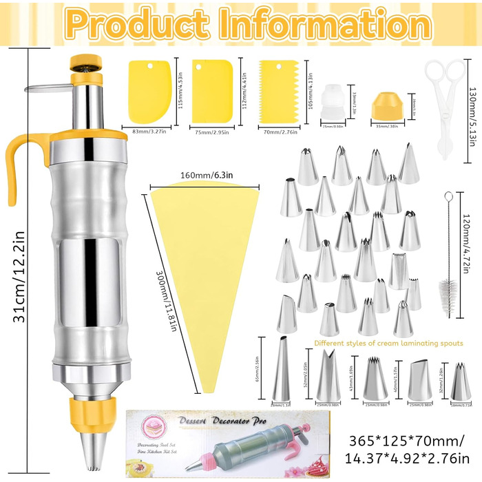 Шприц кондитерський з насадками для декору тортів і кексів, жовтий Erzekrim