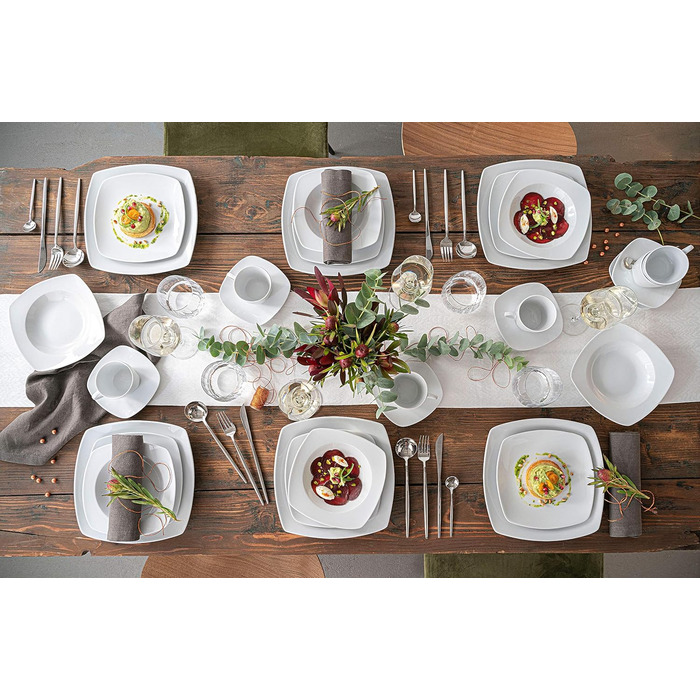 СПІВАЧКА Набір тарілок Striking 18 шт. , Порцеляновий набір посуду 6 персон, Столовий сервіз Можна мити в посудомийній машині, Посуд з обідніми тарілками та глибокими тарілками, Посуд квадратний білий, Столовий сервіз сучасний (Набір супових мисок 6 шт. )
