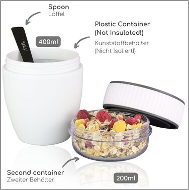 Стаканчик для пластівців Milu 400 мл з назвою MsliMax для йогурту герметичний стаканчик з ложкою (білий, пластиковий)