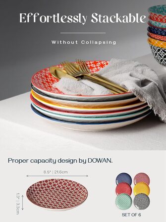 Столовая тарелка керамическая, набор обеденных тарелок 6 шт., набор разноцветных тарелок большой, фарфоровая паста салат набор тарелок, десертная тарелка, круглые сервировочные миски прочный для ужина Рождество (21,6 см), 26,7