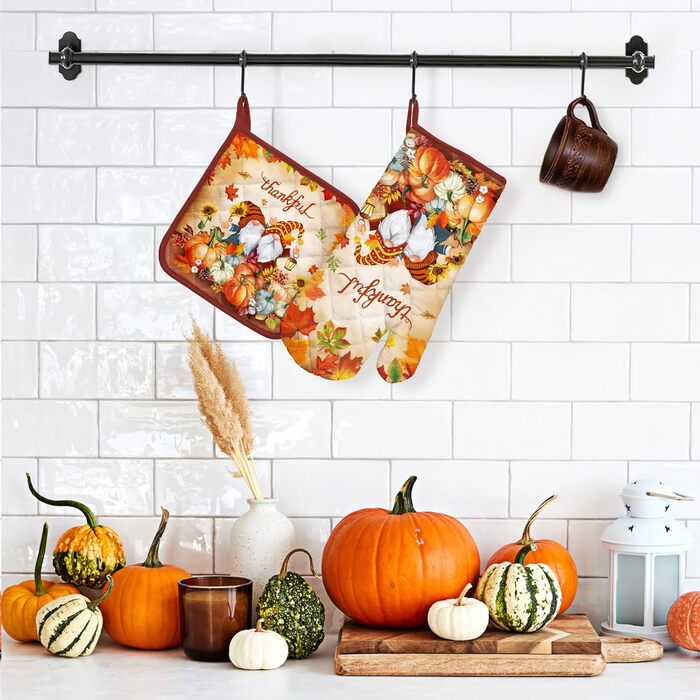 Набір з 2 кухонних рукавичок та тримача для каструлі Arquiel Gnome Autumn Orange Checked, 100 бавовняні кулінарні рукавички, термостійкі кухонні рукавички для приготування їжі, осінній декор, подарунки для жінок (осінній гном, духовка тримач для каструлі)