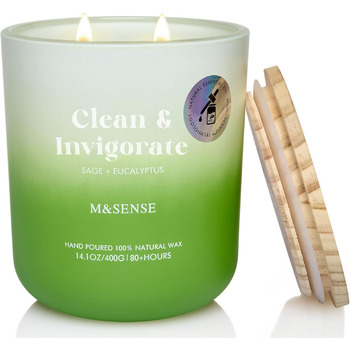 Ароматичні свічки M&SENSE Сосна та кедр у банці, велика соєва свічка 400 г з двома гнітами, час горіння 80 годин, ароматерапевтична свічка для йоги, спа та медитації. Подарунок для дівчини, дружини або матері. Сосна та кедр (шавлія та евкаліпт)