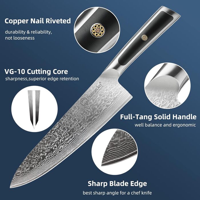 Дамаський ніж Sunnecko 20 см Кухонний ніж шеф-кухаря - гострий ніж з дамаської сталі, кухонний ніж з ергономічною ручкою