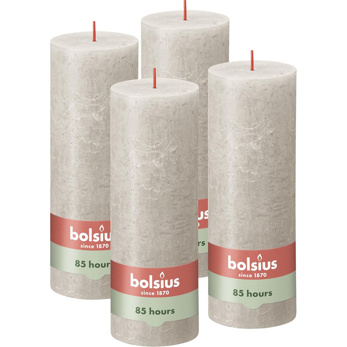 Свічки Bolsius Rustic Pillar Candles - Оливково-зелені - Набір з 4 шт. - Декоративні побутові свічки - Час горіння 60 годин - Без запаху - Натуральний рослинний віск - Без пальмової олії - Оливково-зелені (19 x 7 см, світло-сірі)