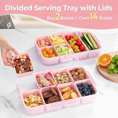 Коробка для снеків Luxear з 14 відділеннями, тарілка для снеків з кришкою та ручкою, багаторазова миска для снеків для дітей, органайзер для снеків, горіхів, фруктів, спецій, для пікніка на вечірці, можна мити в посудомийній машині, білий (рожевий, 1 комп