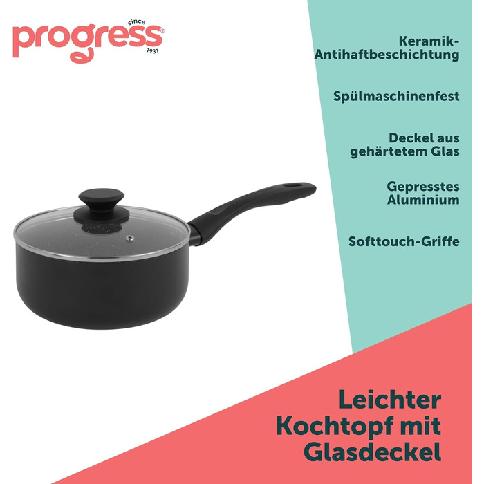 Каструлі Progress, каструля з антипригарним покриттям з металу, мармуру та кераміки, легкий алюмінієвий екструзійний матеріал - підходить для всіх типів плит, крім індукційних, каструлі можна мити в посудомийній машині (каструля з кришкою, 1,3 літра)