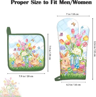 Різдвяний набір із 2 рукавичок для духовки та прихваток Arquiel, 100 бавовняні кулінарні рукавички, термостійкі кухонні рукавички для приготування їжі, різдвяні подарунки на кухню для жінок (Великдень 01, рукавички для духовки*2 прихватки*2)