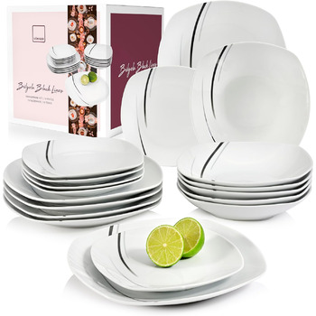 СПІВАЧКА Порцеляновий столовий сервіз Bilgola Black Lines, набір посуду з 18 предметів на 6 персон, набір тарілок, квадратний столовий сервіз 18 шт.