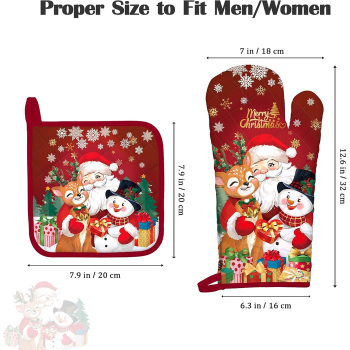 Набір з 2 різдвяних рукавичок для духовки та прихваток Arquiel, 100 бавовняні кулінарні рукавички, термостійкі кухонні рукавички для приготування їжі, різдвяні подарунки для жінок (Санта Клаус, рукавички для духовки*2 прихватки*2)