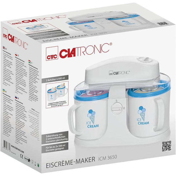 Виробник морозива Clatronic до 1500 мл Сорбет, морозиво, заморожений йогурт Час приготування 20-40 хвилин Вкл. пропозиції рецептів Отвір для заправки Виробник морозива з холодним зберіганням ICM 3764 (2x500 мл)
