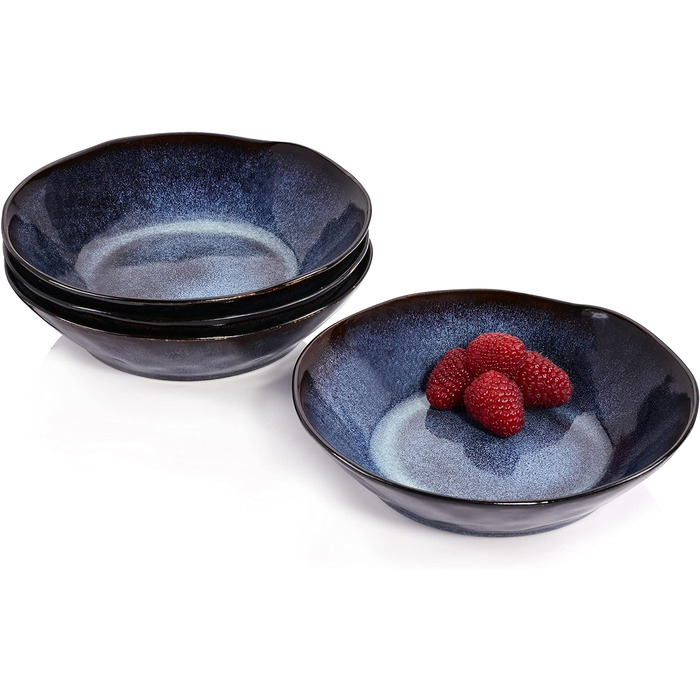 ПЕВЕЦ Тарелка для пасты Токио 4 шт., Тарелка для спагетти на 4 персоны, Набор посуды из керамогранита Макароны, Тарелка для лапши, Посудомоечная машина, Миска для пасты ручной работы, Миска для макарон сине-черная с коричневыми акцентами 1,2 л (суповая та