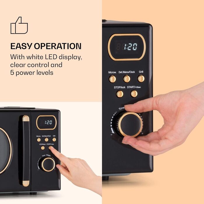 Мікрохвильова піч Klarstein з грилем, 800 Вт, 3-в-1 з нержавіючої сталі, мала об&39єм 20 літрів з функцією розморожування та піци, обертовий піднос, компактна, проста у використанні (чорна)