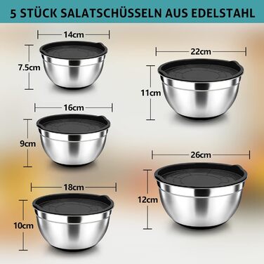 Миска для змішування Herogo, набір салатниць з нержавіючої сталі з 5 предметів із чорною кришкою та нековзною силіконовою основою, набір металевих мисок для випічки, нержавіючої та посудомийної машини (4.5/2.7/1.5/1.2/0.7 л) Чорний 5