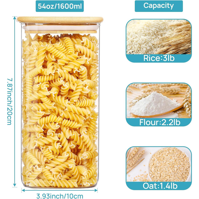 Набір Vtopmart з 7 банок для зберігання з кришками, банки для зберігання Банки з кришками, банки для зберігання з дерев'яними кришками для зберігання спагетті (квадрат-3 упаковки 54 унції)