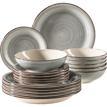 Набір тарілок для 6 осіб у сучасному вінтажному стилі, столовий сервіз із 18 предметів, керамічний посуд з ручним розписом, керамограніт, димчасто-блакитний, 931875 Bel Tempo II