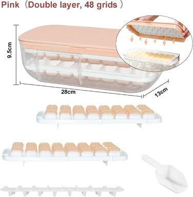 Форма для кубиків льоду, безпечна для харчових продуктів форма для кубиків льоду з кришкою та контейнером, видає всі кубики льоду за одну секунду, 64 кубики льоду (Синя форма для кубиків льоду) (Рожева)