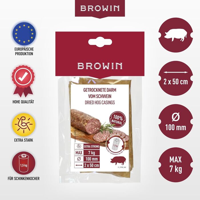 Натуральна оболонка для ковбас Натуральна оболонка вищого сорту для домашньої ковбаси, ялівцевої ковбаси, білої ковбаси, сардельки (калібр 18/20 мм, 91 метр, овеча оболонка)