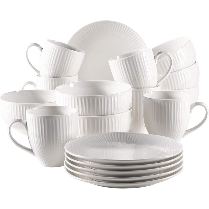 Обідній сервіз на 6 осіб з високоякісної готельної порцеляни білого кольору, набір тарілок з 12 предметів у вінтажному дизайні, міцна порцеляна (набір для сніданку 18 шт.), 931461 Dalia