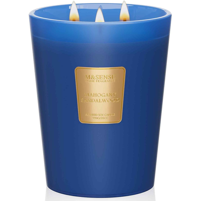 Ароматична свічка M&SENSE надзвичайно велика, час горіння 150 годин, натуральна ароматерапевтична свічка з 3 гнітами, сильний аромат, тривале горіння, подарункова свічка та прикраса для дому, подарунки для жінок (990 г, червоне дерево, сандалове дерево)