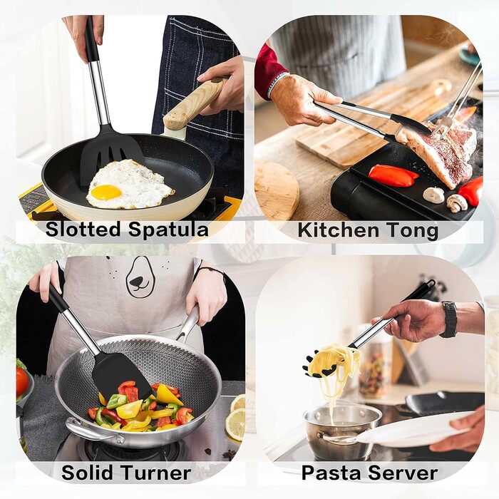Набор кухонной утвари Herogo из 30 предметов с держателем, набор силиконовой кухонной утвари с ручкой из нержавеющей стали, жаропрочная кухонная утварь, можно мыть в посудомоечной машине, черный