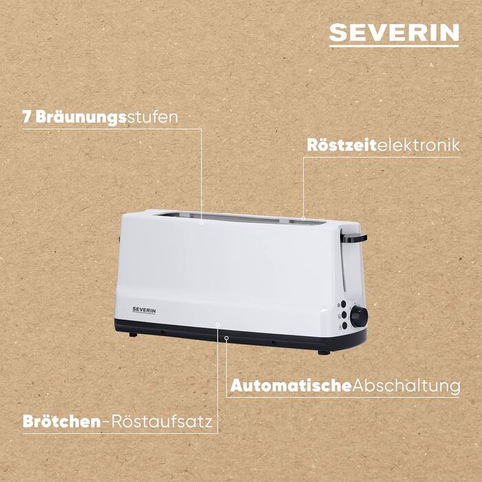 Автоматичний тостер SEVERIN з довгим слотом, 4 тости, автоматичний тостер з насадкою для булочки, тостер з нержавіючої сталі для підсмажування, розморожування та розігріву, 1 400 Вт, білий / сірий, AT 2234 (2 скибочки тостів)