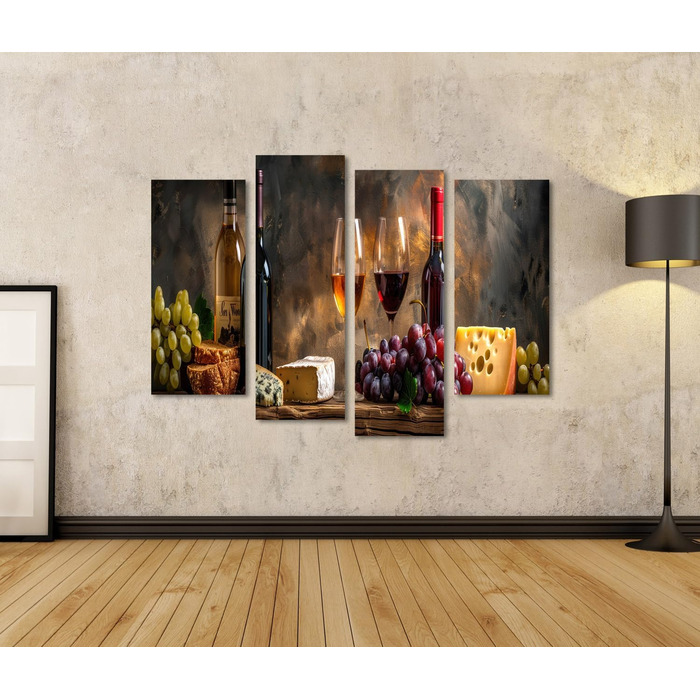 Друк на полотні Сільський натюрморт з пляшками вина, келихами, виноградом, сиром, хлібом на дерев&39яному столі Картини Настінний художній постер (полотно 130x80 см - 4 частини)