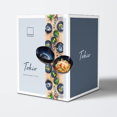 СПІВАЧКА Тарілка для пасти Токіо 4 шт., Тарілка для спагетті 4 персони, Набір посуду з кераміки Макарони, Тарілка з локшиною Можна мити в посудомийній машині, Миска для макаронів ручної роботи, Миска для макаронів синьо-чорна з коричневими вставками Набір