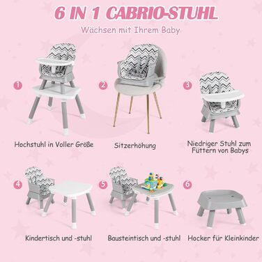 Дитячий стільчик для годування 6-в-1 сірий-білий COSTWAY